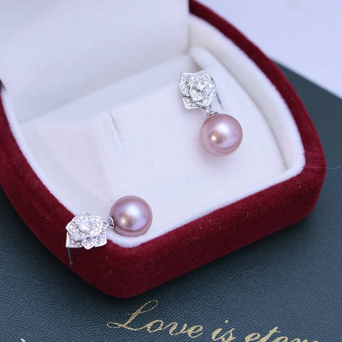 9-10mm Purple Freshwater Pearl & Floral Earrings - House Of Pearls